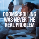 Emotional Pinterest pin showing late-night phone scrolling and journaling with text about doomscrolling and emotional overwhelm.