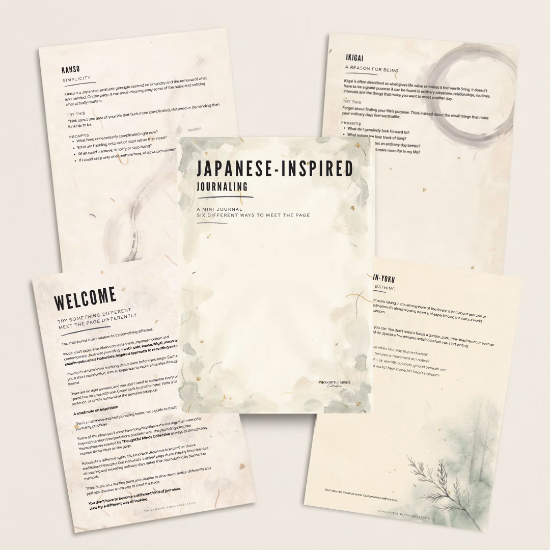 Japanese-inspired printable journaling PDF featuring Wabi-sabi, Kanso, Ikigai, Shinrin-yoku and guided reflection pages.