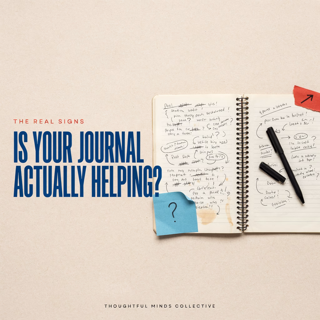 Open journal covered in circled words, crossed-out thoughts and handwritten notes beside the question, “Is your journal actually helping?”