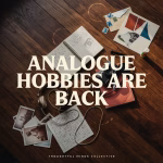 Editorial analogue hobby setup with a film camera, notebook, magazines, crossword and printed photos representing offline hobbies instead of scrolling.